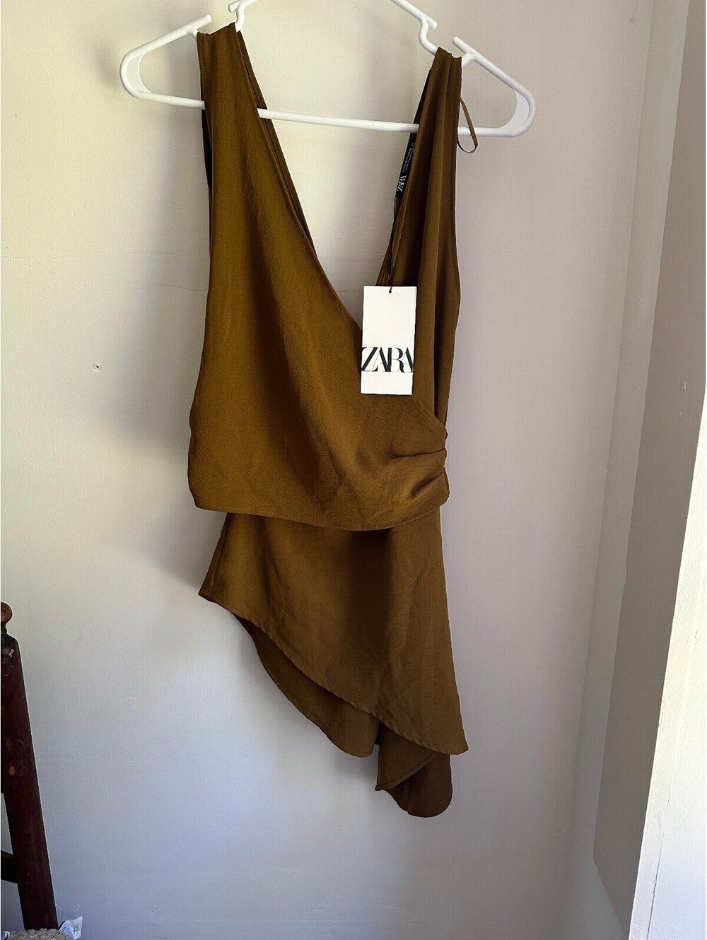 ZARA NWT Ochre Brown Asymmetric Draped Wrap Top - Size S